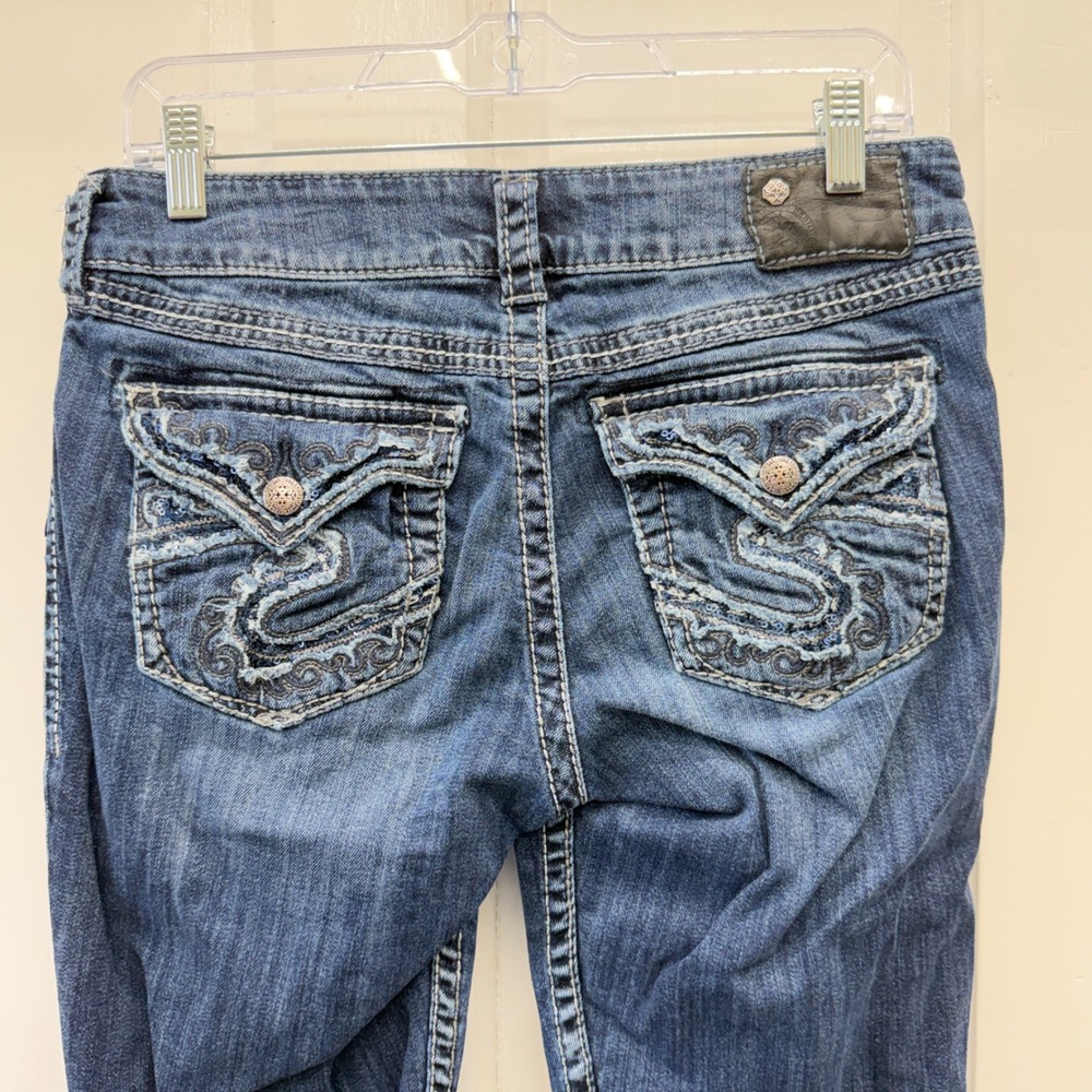 Silver Suki Flap Capri Jeans Women 29 Blue Sequined Embellished Pockets - Picture 4 of 9